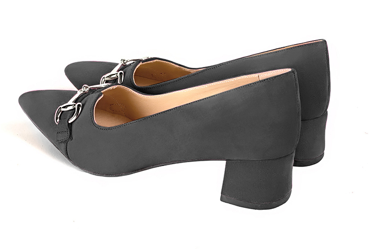 Dark grey women's dress pumps,with a square neckline. Tapered toe. Low flare heels. Rear view - Florence KOOIJMAN